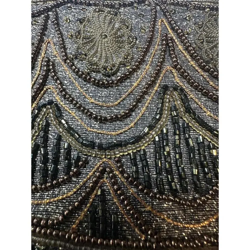 9.5x6.5 Beaded Evening Clutch Art Deco Style Gold Black Shoulder Bag - Picture 6 of 6